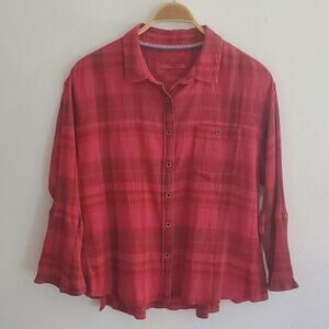 Prana Fillary Organic Cotton Plaid Button Up Top Crinkle Gauze Rolled Sleeve